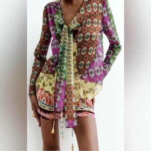 Zara Studio Zodiac semi sheer multi color patchwork boho tie neck blouse. Sz Sm